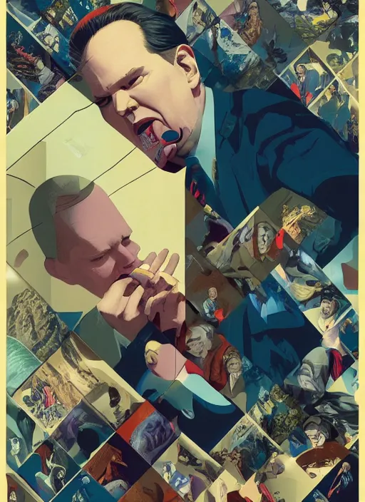 Prompt: Twin Peaks poster artwork by Michael Whelan and Tomer Hanuka, Karol Bak, Rendering of Jim Gaffigan blowing single perfect bubblegum, he's a hitman in peacoat, from scene from Twin Peaks, clean, full of details, by Makoto Shinkai and thomas kinkade, Matte painting, trending on artstation and unreal engine