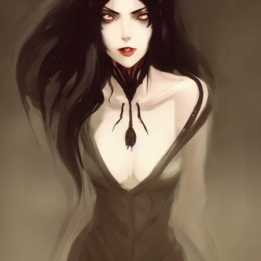 Image similar to female human vampire witch in the style of greg rutkowski, makoto shinkai, trending on artstation, character design, concept art, pretty face, highly detailed, long black hair, portrait, digital art