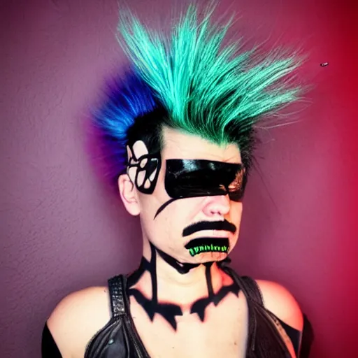 Image similar to neonpunk anarchist with mohawk and cyber implants on face, fuming, angry, grinning