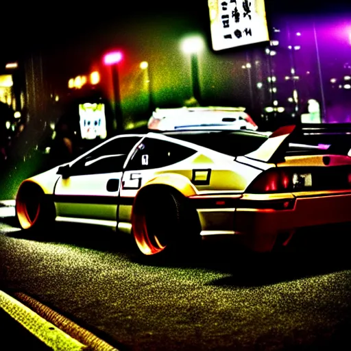 Prompt: a car 300ZX turbo drift at illegal car meet, shibuya prefecture, midnight mist streetlights, cinematic color, photorealistic, highly detailed wheels, highly detailed