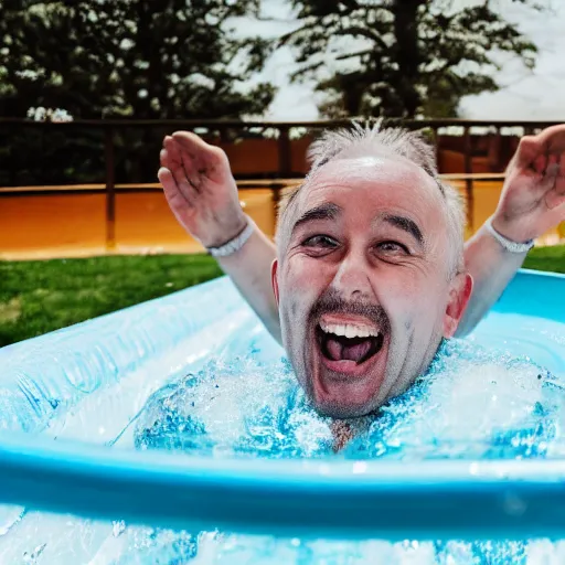 Prompt: a priest on a water slide, laughing, professional photography