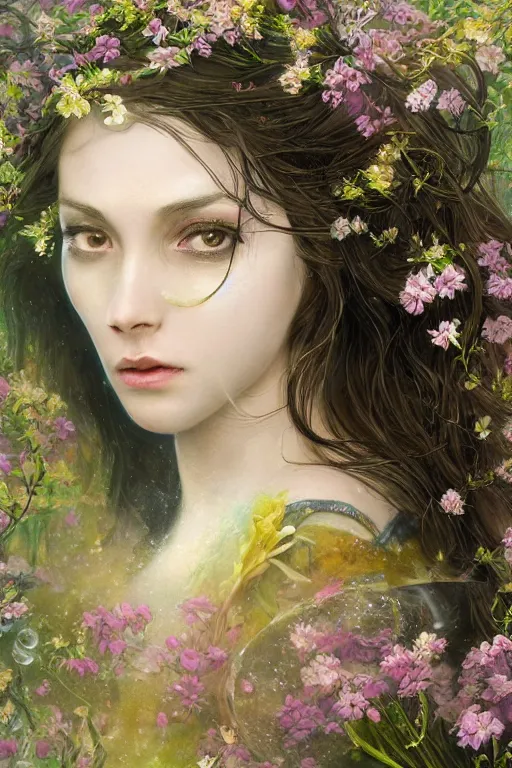 Image similar to elaborately detailed close up portrait of an extremely beautiful girl with long dark hair surrounded by flowers, an eerie mist and ethereal rainbow bubbles, Aetherpunk, high fantasy professionally painted digital art painting, fantasy matte painting movie poster, Art Nouveau, smooth, sharp focus, atmospheric lighting, highly detailed illustration highlights, backlight, golden ratio, 8K detail post-processing, symmetrical facial features, rich deep moody colors, majestic, dark epic fantasy, award winning picture, sense of awe, featured on DeviantArt, trending on cgsociety