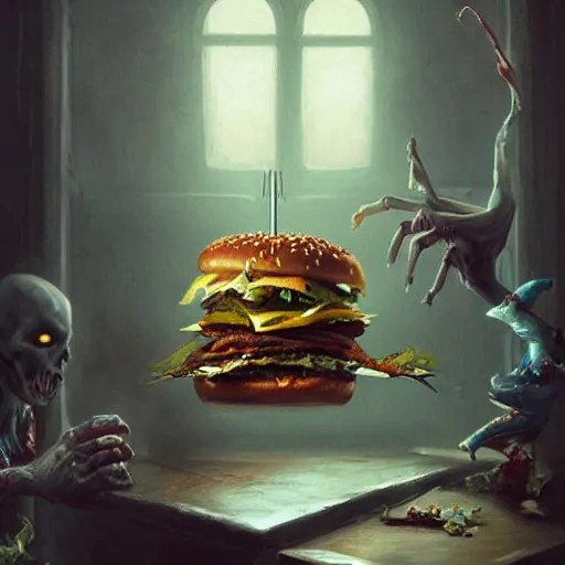 Prompt: zombie eating a burger in a room, d & d, fantasy, intricate, elegant, highly detailed, digital painting, artstation, concept art, matte, sharp focus, illustration, hearthstone, art by artgerm, art by greg rutkowski, art by alphonse mucha