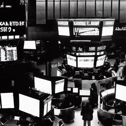 Image similar to stock market crash, traders panicking, red screens, wall st trading floor, black monday crash 1 9 8 7, cinematic lighting, epic composition