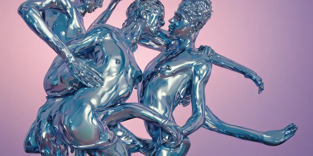 Prompt: a big pile of chrome greek sculpture of intertwined bodies painted by james jean in pastel colors. artwork by tooth wu and wlop and beeple, cinematic, hyper realism, octane render, 8 k, depth of field, bokeh. iridescent accents. vibrant.
