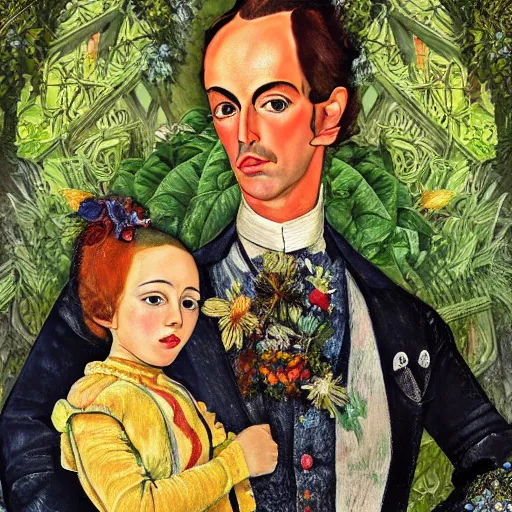 Image similar to hyperdetailed maximalist half-lenght portrait of a futuristic father with a beautiful child, wearing elaborate clothing overgrown by plants. rococo architecture, in the style of Modigliani, childrenbook illustration, mixed media collage. matte background HD 8x