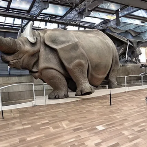 Prompt: mechanical rhinoceros destroys exhibition hall at royal museum, hyper realistic