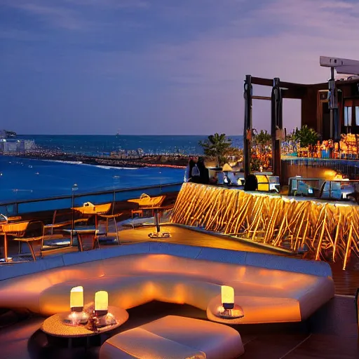 Prompt: rooftop bar overlooking sandy beach in the style of Gaudi, photograph in style of Julius Shurman, warm light glowing, relaxing, dusk, cinematic lighting, trending on artstation