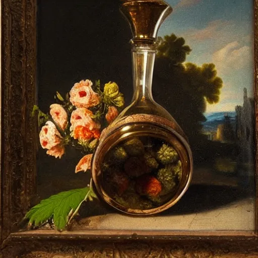 Image similar to gravity bong with weed in still life. dutch masters, 1 8 th century. oil on canvas