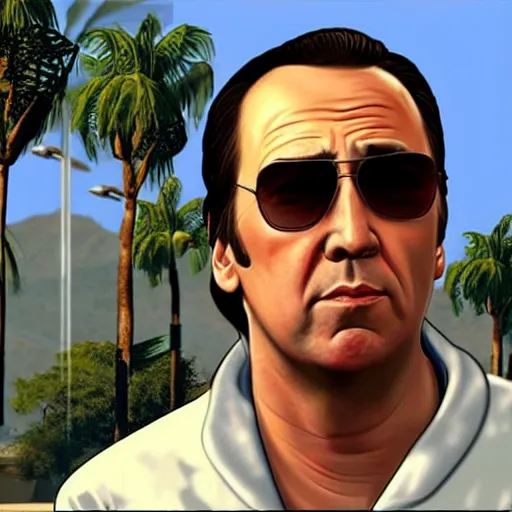 Prompt: Nicholas Cage in GTA V . Los Santos in the background, palm trees. In the art style of Stephen Bliss