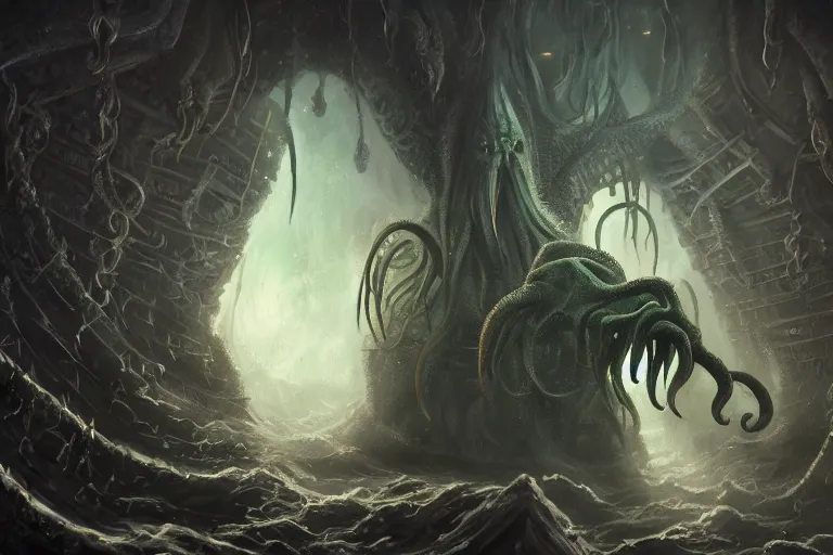 Image similar to cthulhu wandering the davy jones locker, digital painting, mixed media, trending on artstation and deviantart, epic composition, highly detailed, 8 k