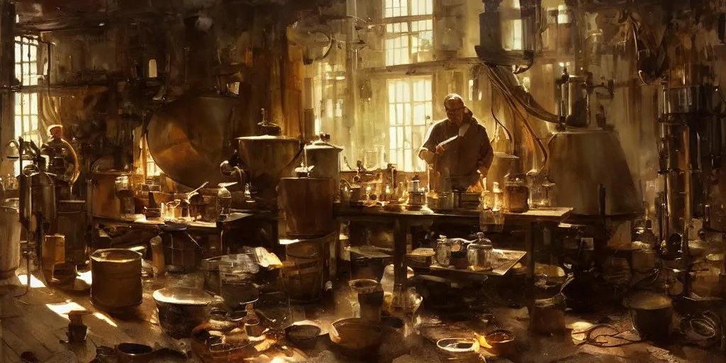 Image similar to simple woodsman brewing moonshine in copper stills in their well lit clean open workshop, art by anders zorn, wonderful masterpiece by greg rutkowski, beautiful cinematic light, american romanticism thomas lawrence, greg rutkowski