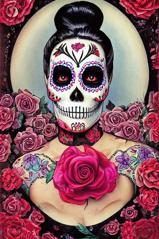Image similar to illustration of a sugar skull day of the dead girl, art by art frahm