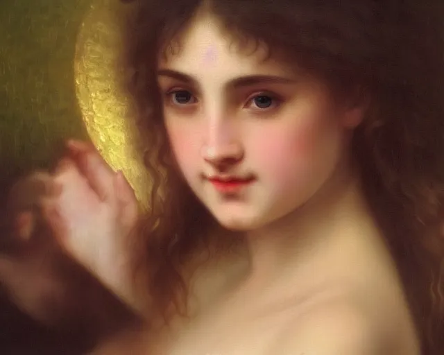 Image similar to beautiful glorious realistic oil painting of young enya, bokeh, baroque style by bouguereau, sunset, highly detailed and photorealistic, 8 k high detail and intricate