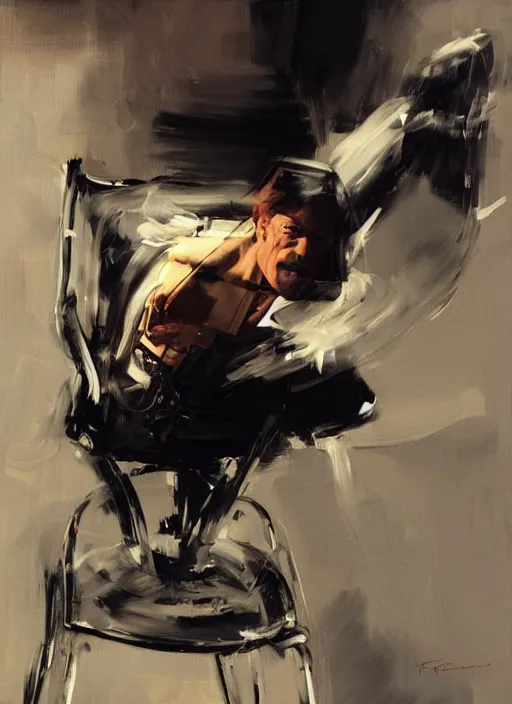 Image similar to jk simmons throwing chair, painting by phil hale, fransico goya,'action lines '!!!, graphic style, visible brushstrokes, motion blur, blurry