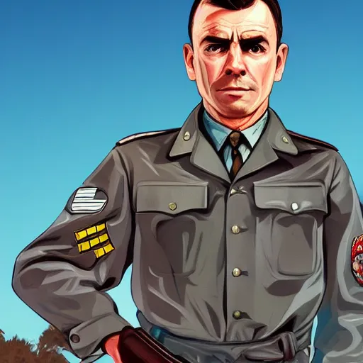 Image similar to a ww2 military officer in the style of a GTA V loading screen, illustrated by Stephen Bliss, trending on artstation