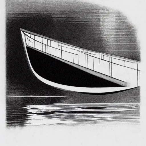 Prompt: a black and white photo of a boat in the water, concept art by hugh ferriss, behance contest winner, symbolism, lovecraftian, concept art, official art