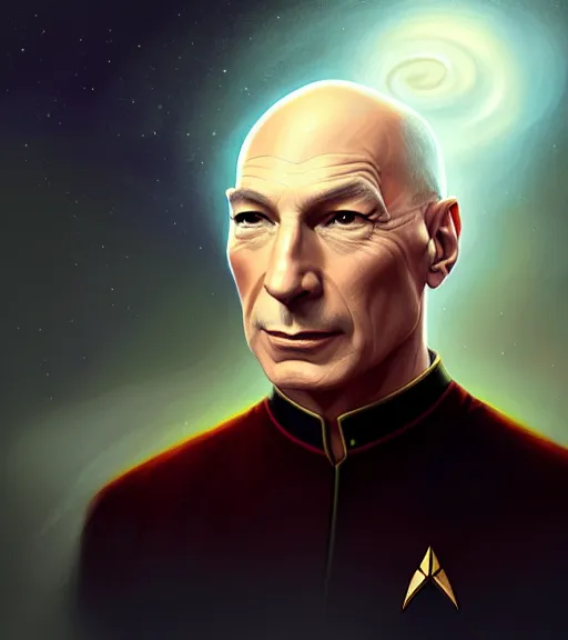 Image similar to portrait of Jean Luc Picard, intricate, elegant, highly detailed, centered, digital painting, artstation, concept art, smooth, sharp focus, illustration, by Peter Mohrbacher, WLOP