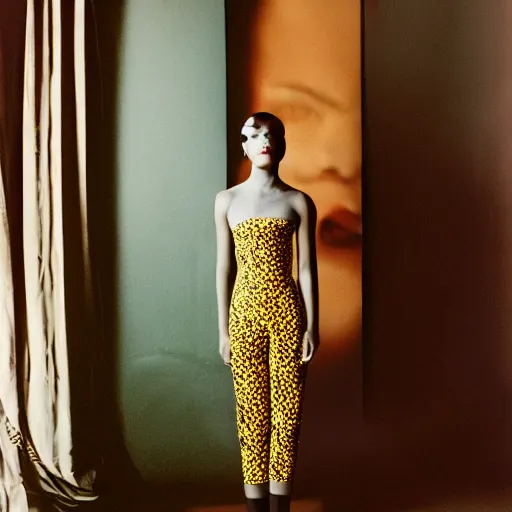 Image similar to realistic photoshooting for a new balenciaga lookbook, color film photography, portrait of a beautiful woman, by photo in style of Tyler Mitchell, wes anderson, Julia Hetta, Tim Walker, Petra Collins, 35mm,