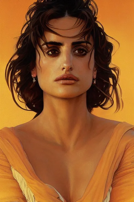 Prompt: a badass close-up portrait of penelope cruz, dramatic backlighting, golden hour, autochrome, high contrast, highly detailed, sharp focus, digital painting, concept art, illustration, filmpunk , trending on artstation, art by greg rutkowski and greg hildebrandt, composition by alphonse mucha