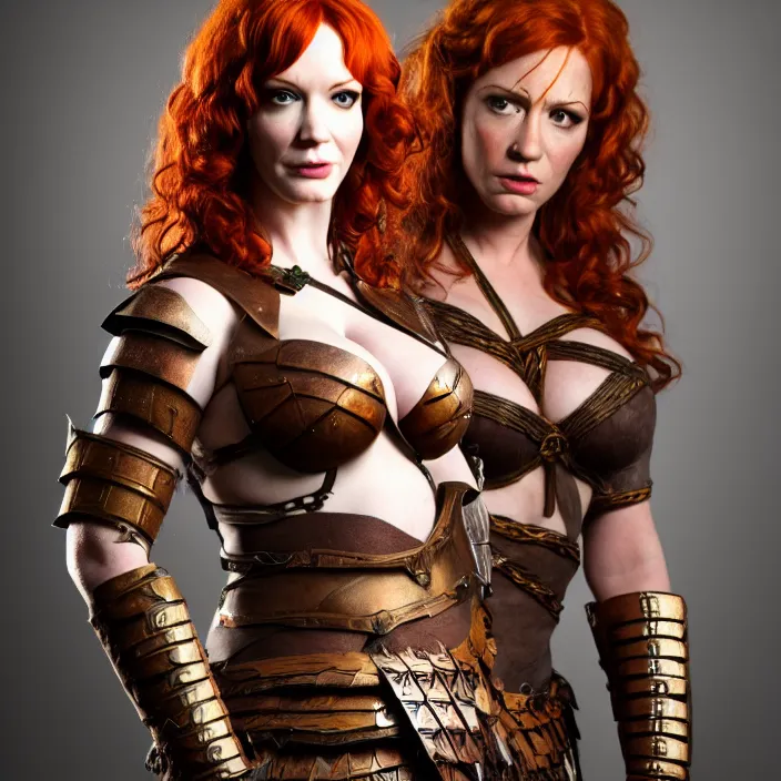 Prompt: full length photograph of a real-life christina hendricks as a amazon warrior, Extremely detailed. 8k