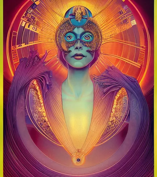 Prompt: art deco portrait of the powerful queen of the solar system in the style of anna dittmann and in the style of wayne barlowe. glowing, ornate and intricate, stunning, dynamic lighting, intricate and detailed.