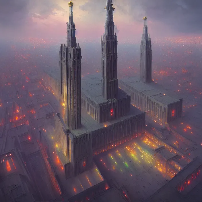 Image similar to matte painting by marc simonetti, jonathan solter, greg rutkowski of a moscow state university building, masterpiece, cinematic, hyperdetailed, photorealistic, hyperrealism, architecture, aerial view,