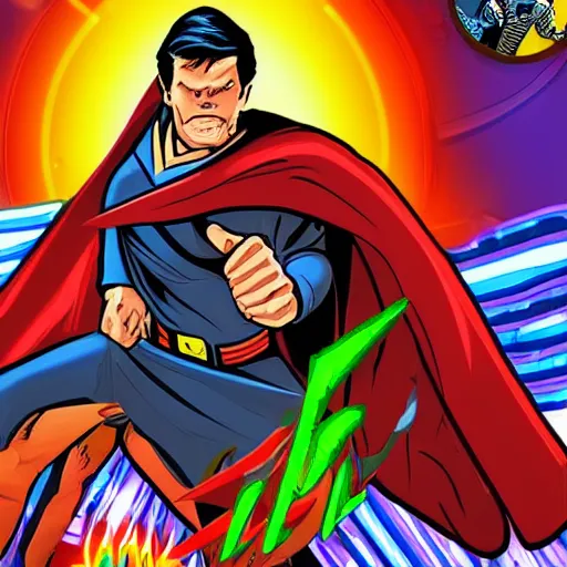 Image similar to a comic book super hero who is just really good at pinball and throws pinball machines he has a long cape his left hand is missing and instead is a launcher from a pinball machine, 4k, highly detailed, heroic pose, realistic lighting
