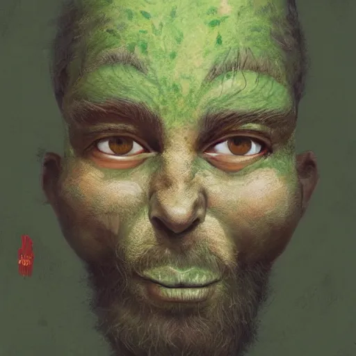 Image similar to a man made of hemp, with a head in the form of a cannabis bloom, like baby grut, green skin, character, art by james jean and greg rutkowski!!, realistic face, digital art, chibi style, golden ratio, perfect composition, trending on artstation, 8 k