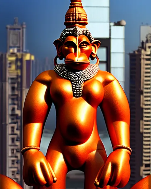 Image similar to high quality 3 d futurist biomorphic hanuman! head building in mumbai!! centre, highly detailed, cinematic smooth, berenice abbott & john j. park, dramatic warm morning light, wide shot, high angle, uhd 8 k, sharp focus