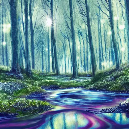 Image similar to bright nordic forest, sparkling spirits, detailed wide shot, crayon, ground detailed, wet eyes reflecting into eyes reflecting into infinity, beautiful lighting