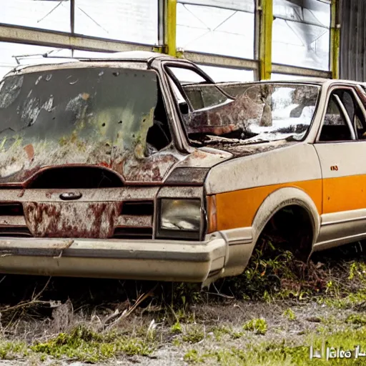 Image similar to 1 9 8 0 ford car partialy rusted and window broken, in an overgrown industrial factory