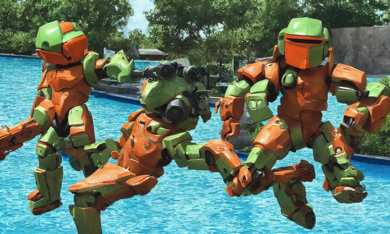 Image similar to a cg painting of masterchief enjoying a relaxing summers day by the pool