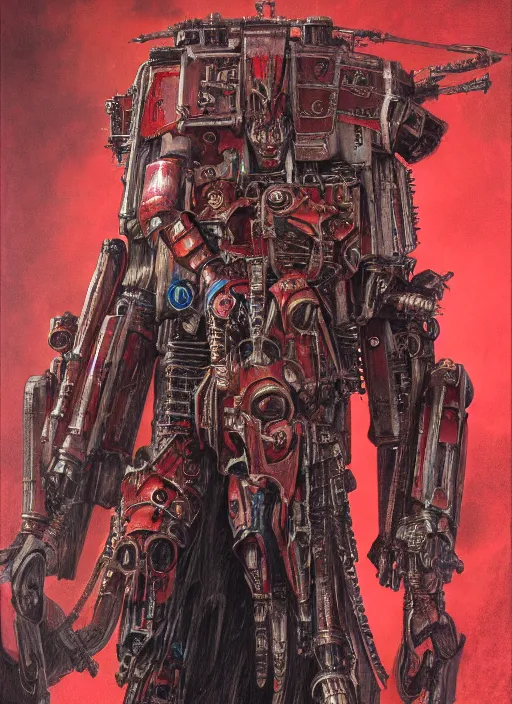 Image similar to portrait of rotten flash head adeptus mechanicus in red hood and robe from Warhammer 40000. Highly detailed, artstation, illustration by and John Blanche and zdislav beksinski and wayne barlowe