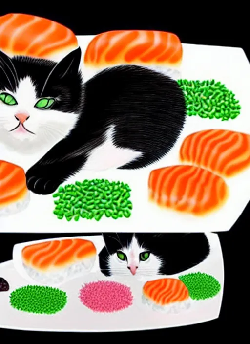 Image similar to clear photorealistic picture of adorable cats made out of sushi, sitting on sushi plates, additional sushi