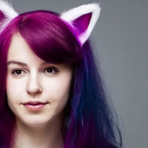 Prompt: photo of a young woman with messy medium-length magenta hair and cat ears