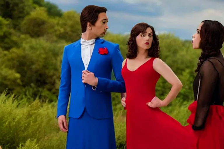 Image similar to full body film still of a man longingly looking at a far away woman in a red dress as a woman in a blue dress looks disgusted at the man in the new romance comedy movie, dramatic angle, dramatic lighting