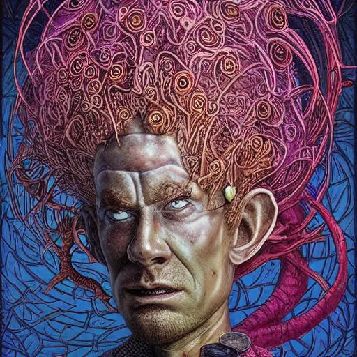 Image similar to fungus labyrinth mohawk scales portrait by gaston bussierre and charles vess and james jean and erik jones and rhads, inspired by rick and morty, epic, funny, huge scale, beautiful fine face features, intricate high details, sharp, ultradetailed