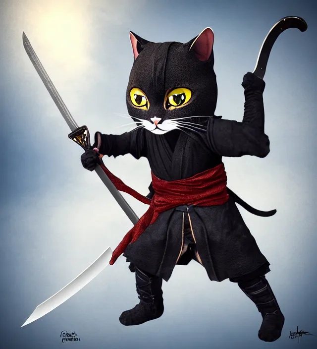 Image similar to a high detail shot of a cute chibi ninja cat wearing rags, holstering sword, realism, 8 k, fantasy,