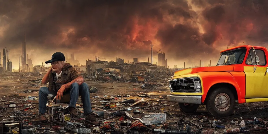 Image similar to 1970s photography a truck driver wearing a cap sitting next to his colorful truck in a apocalyptic wasteland, tornado and apocalyptic city in the background, detailed intricate insanely detailed octane render, 8k artistic photography, photorealistic, chiaroscuro, hd, by David Cronenberg, Raphael, Caravaggio