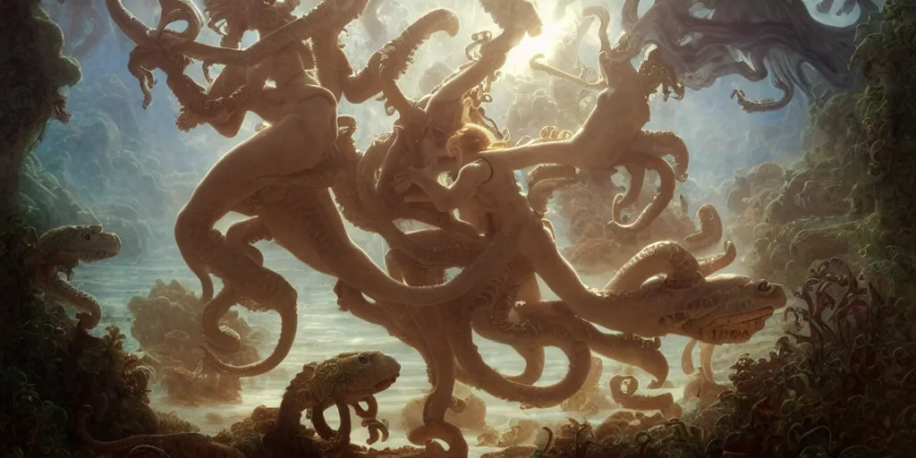 Image similar to Fantasy fairytale story, Great Leviathan Turtle, cephalopod, Cthulhu Squid, Mysterious Island, center Universe, accompany hybrid, Mystical Valkyrie Cyborg, Anubis Reptilian, Atlantean Warrior, intense fantasy atmospheric lighting, hyperrealistic, William-Adolphe Bouguereau, François Boucher, Jessica Rossier, Michael Cheval, michael whelan, Cozy, hot springs hidden Cave, Forest, candlelight, natural light, lush plants and flowers, Spectacular Mountains, bright clouds, luminous stellar sky, outer worlds, Solar Flare Unreal Engine, HD,