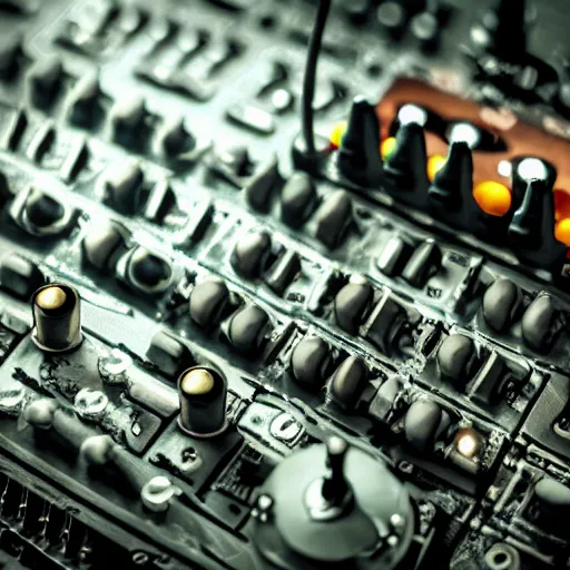 Image similar to a steampunk synthesizer, closeup details, cinematic light,