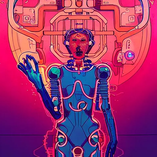 Image similar to a portrait of a beautiful cybernetic occultist performing summoning rituals to bring technological singularity, cyberpunk concept art by josan gonzales and jean claude meziere and syd mead and moebius