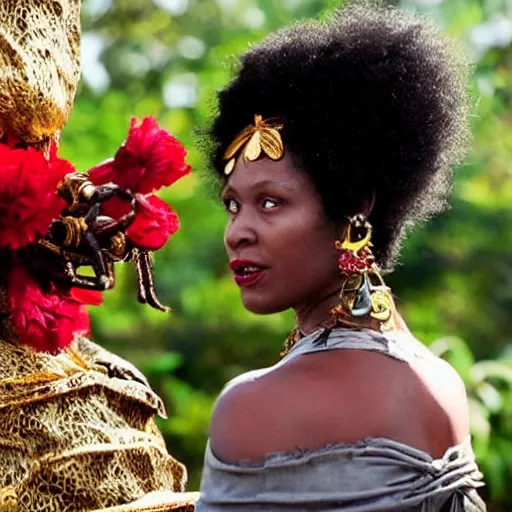 Prompt: over-shoulder film still of an african-american woman with short grey hair, a headdress made of red fern-leaf peony, wearing a black lace mask and gold dangly earrings, purple lipstick, speaking to a giant dragonfly from the adventure movie Life of Pi (2012) directed by Ang Lee and shot by Claudio Miranda