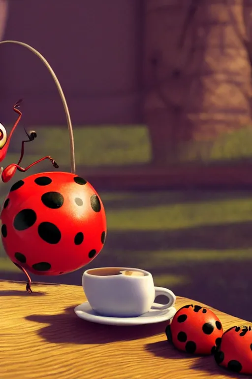 Image similar to a red ladybug with big eyes on side of a cup of coffee and a suggar pot at picnic. pixar disney 4 k 3 d render movie oscar winning trending on artstation and behance. ratatouille style.