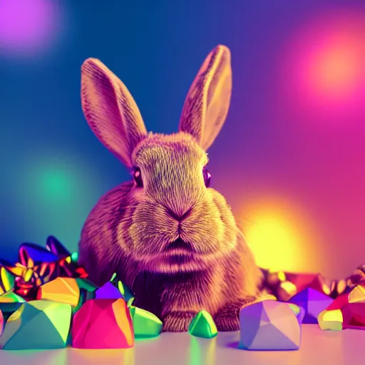 Image similar to A bunny is surrounded by rainbow colored gems and crystals. 8k, Octane Render, High Detail, Ray-tracing.