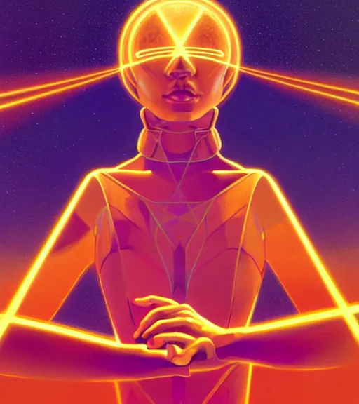 Prompt: a golden woman 2/3 portrait, in space, head breaking apart and spiraling geometry into the sky upwards into the heavens, 3 point perspective, lazer light beaming down to top of her head, by james jean, by syd mead artgerm, featured in artstation,, elegant, Moebius, Greg rutkowski, futurism