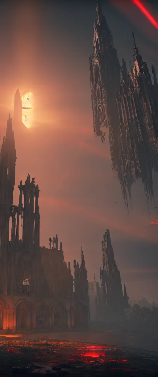 Image similar to symmetrical, centered composition, ancient church with red shafts of light in destiny 2, foggy, liminal, dark, dystopian, beautiful architecture, abandoned, highly detailed 4 k destiny 2 expansion key art wallpaper
