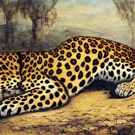 Image similar to a painting of a leopard sitting on the ground, an illustration of by charles maurice detmold, deviantart, qajar art, photoillustration, grotesque, full body