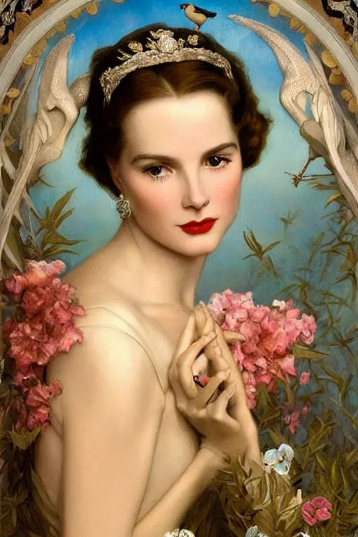 Image similar to A young and extremely beautiful Grace Kelly explaining the birds and the bees by Tom Bagshaw in the style of a modern Gaston Bussière, art nouveau, art deco, surrealism. Extremely lush detail. Melancholic night scene. Perfect composition and lighting. Profoundly surreal. High-contrast lush surrealistic photorealism. Sultry and mischievous expression on her face.